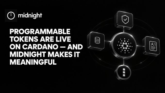 A promotional graphic with a black background for 'midnight' featuring the headline 'PROGRAMMABLE TOKENS ARE LIVE ON CARDANO — AND MIDNIGHT MAKES IT MEANINGFUL'. The right side displays an image of the Midnight logo with interconnected icons representing security, data, identity, and code.