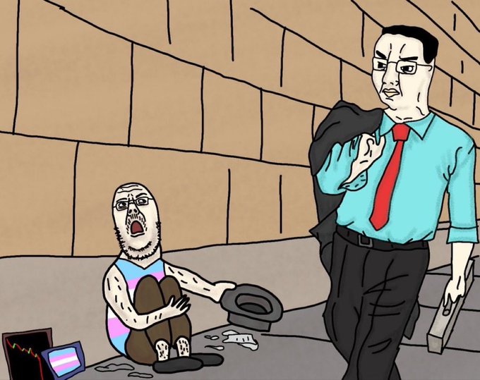 A disheveled, panicked-looking figure resembling the "Wojak" meme sits cowering on the street with cracked phone screens and a toppled hat, while a stern man in a teal shirt and red tie (resembling the "NPC Wojak" character) walks past holding what appears to be a bat. The image humorously illustrates traders who are panicking about October market losses, embodying the post's message to "sack the fuck up" despite expecting a 4-year cycle bottom.