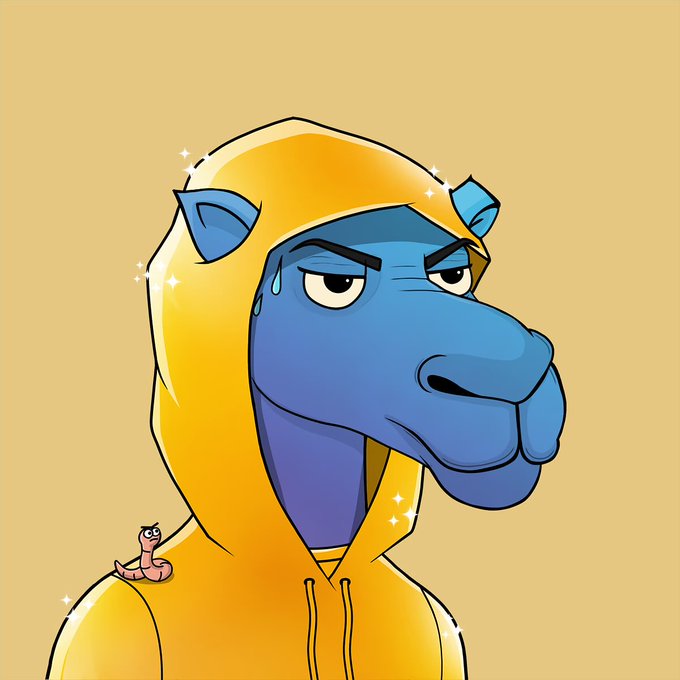 A cartoon illustration of a blue hippopotamus character wearing a yellow hoodie with a smug expression, with a small pink worm character sitting on its shoulder, set against a tan background.