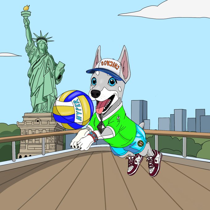 A cartoon Husky dog wearing a Chicago cap and green shirt jumping with a volleyball in front of the Statue of Liberty and a city skyline.