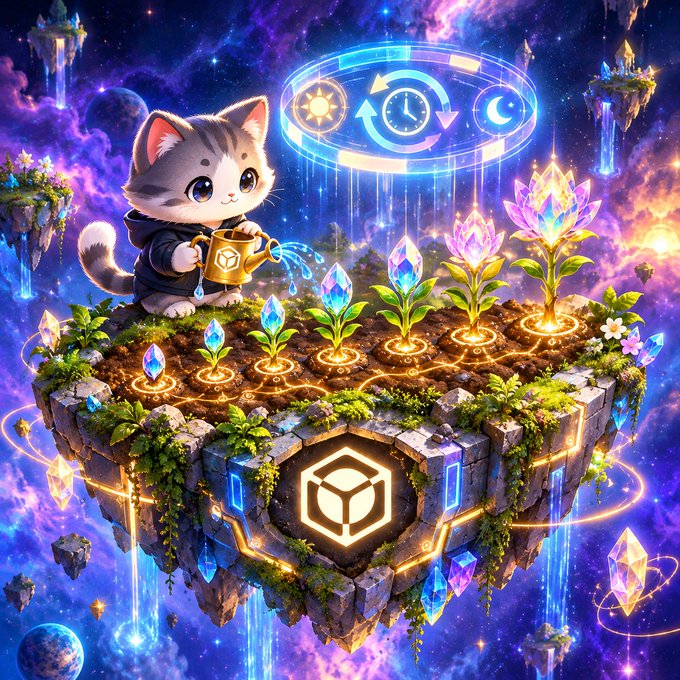 A digital artwork of a cute cat watering colorful crystal plants on a floating island in a cosmic setting, with a logo at the center.