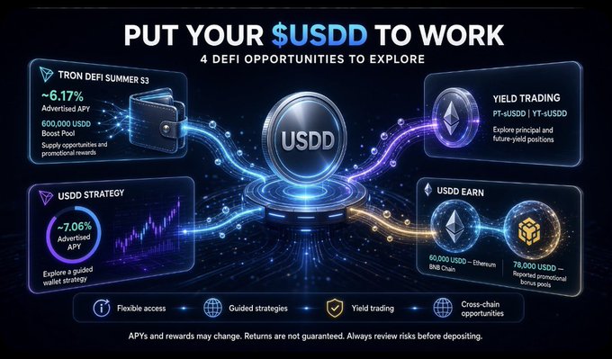 Promotional graphic reading “PUT YOUR $USDD TO WORK” with “4 DEFI OPPORTUNITIES TO EXPLORE,” highlighting “TRON DEFI SUMMER S3,” “USDD STRATEGY,” “YIELD TRADING,” and “USDD EARN,” plus rates such as “~6.17%” and “~7.06%.”