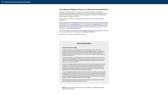 A screenshot of the U.S. Securities and Exchange Commission website displaying 'Your Request Originates from an Undeclared Automated Tool' message, along with Internet Security Policy information.