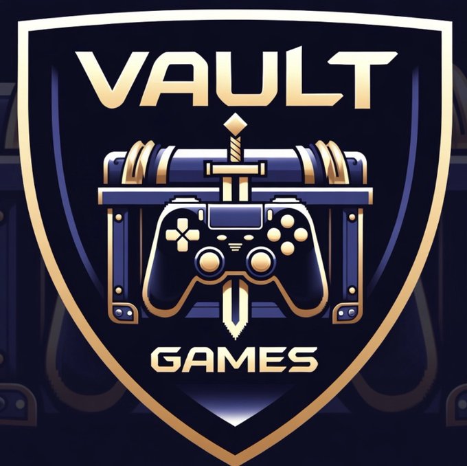 The image shows a shield-shaped logo for "VAULT GAMES" featuring a treasure chest, sword, and gaming controller in dark navy and gold tones. This branded emblem represents the $VAULT token now verified on Emblem Launchpad, with the controller and gaming imagery directly tied to its gaming-focused theme.