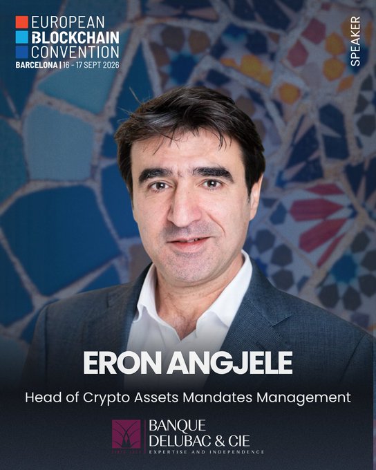 A speaker promotional graphic for the European Blockchain Convention featuring Eron Angjele, Head of Crypto Assets Mandates Management at Banque Delubac & Cie.