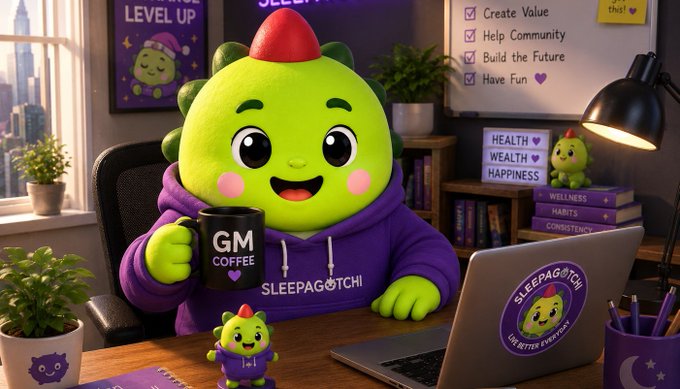 A cartoon green character wearing a purple hoodie sits at a desk with a laptop labeled 'SLEEPAGOTCHI' and holds a mug reading 'GM COFFEE,' surrounded by motivational signs like 'LEVEL UP,' 'HEALTH ♥ WEALTH ♥ HAPPINESS,' and 'Create Value Help Community Build the Future Have Fun.'
