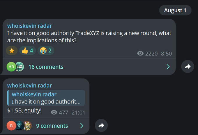 A forum discussion on August 1 where user "whoiskevin" posts in a "radar" section that "I have it on good authority TradeXYZ is raising a new round, what are the implications of this?" (4 likes, 2 emojis, 16 comments), followed by a reply thread where they add "$1.5B, equity!" with 9 comments, corroborating the $1.5B equity round rumor mentioned in the accompanying post.
