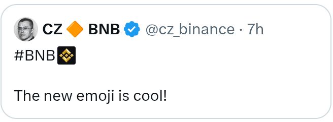A tweet from CZ (Changpeng Zhao) at @cz_binance stating '#BNB The new emoji is cool!' referring to the BNB cryptocurrency logo.