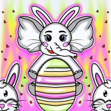 A cute cartoon baby elephant sits atop a striped pastel Easter egg surrounded by hearts and bunny ears, perfectly matching the whimsical "Stylish Baby Elephants" NFT collection theme shared in the post inviting fans to pick a favorite.