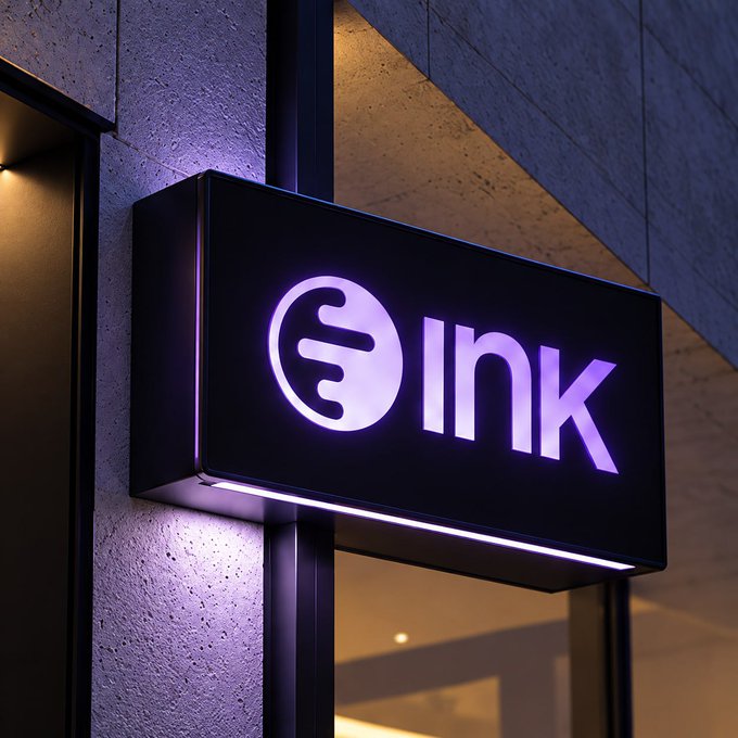 An illuminated purple 'INK' sign mounted on a concrete wall, featuring a stylized logo resembling the letter 'G'.