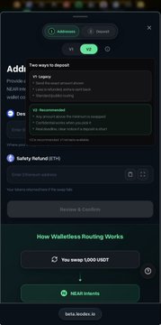 A dark-mode cryptocurrency wallet interface displays a deposit address for Ethereum (ETH) with options to copy or share, and an informational section titled 'How Walletless Routing Works'.