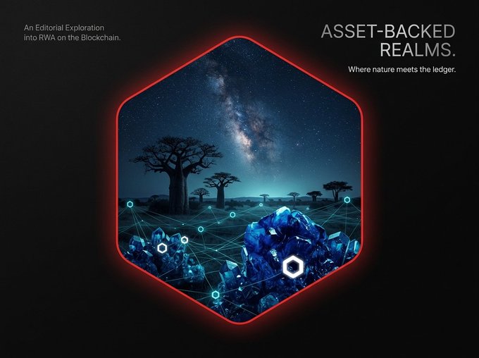 A graphic design titled "ASSET-BACKED REALMS. Where nature meets the ledger." features a hexagonal frame containing a night sky, baobab trees, and blue crystals overlaid with blockchain network nodes.