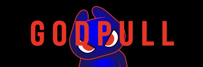 A stylized red and blue cartoon character illustration with the bold text 'GODPULL' overlaid on a black background.