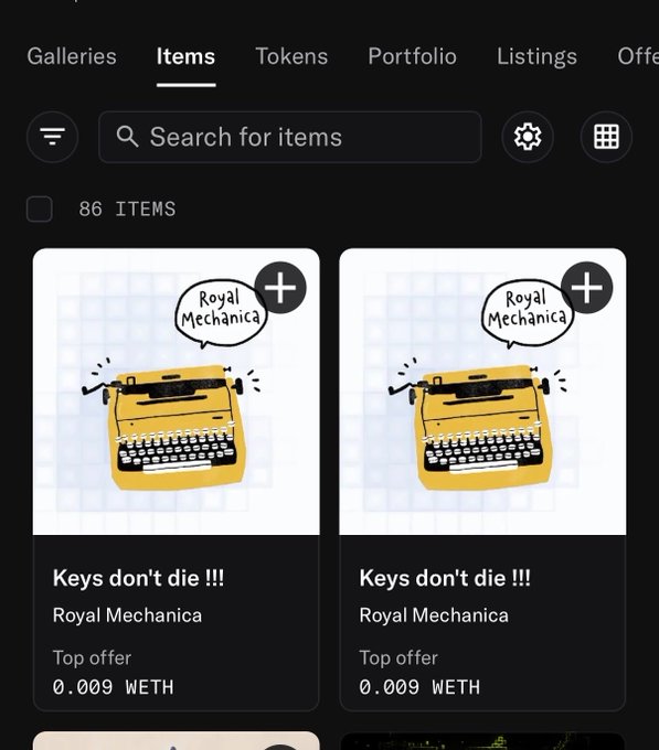 A digital marketplace interface displays an "Items" tab containing 86 items, including two identical listings titled "Keys don't die !!!" by Royal Mechanica, each priced at 0.009 WETH as a top offer and featuring an illustration of a yellow typewriter with a speech bubble reading "Royal Mechanica." The artwork reflects Royal Mechanica's featured collection, aligning with the post's reference to a winning mint from the artist and the giveaways being hosted.