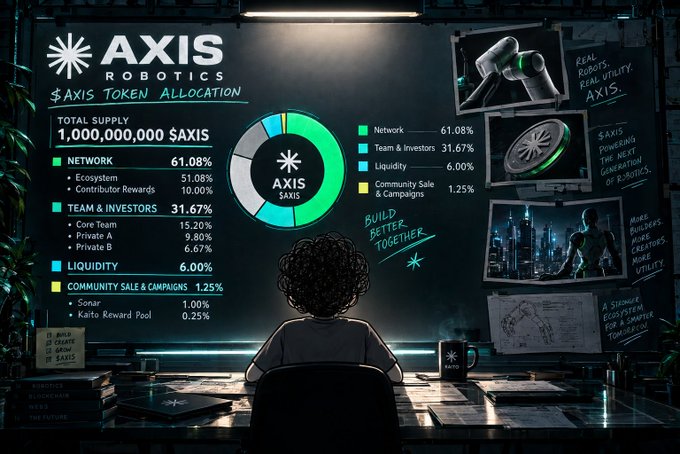 An illustration of a person sitting at a desk looking at a large screen displaying 'AXIS ROBOTICS $AXIS TOKEN ALLOCATION' with a pie chart showing 'TOTAL SUPPLY 1,000,000,000 $AXIS' broken down by Network, Team & Investors, Liquidity, and Community Sale & Campaigns.