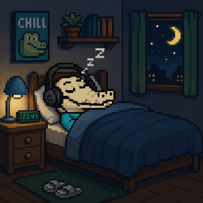 A pixel-art crocodile wearing headphones sleeps in bed at night under a 'CHILL' poster, with a digital clock showing '23:47'.