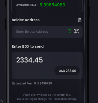 A mobile app interface for sending Beldex (BDX), showing an available balance of 9.89654086 BDX, an input of 2334.45 BDX (USD 233.00), and an estimated fee of 0.123456789.