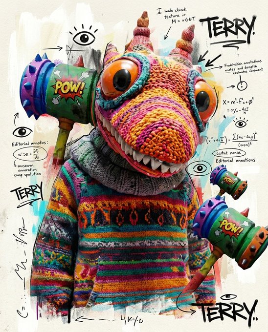 A colorful, textured dinosaur-like character wearing a striped sweater and holding a 'POW!' hammer, surrounded by annotations including the name 'TERRY,' physics equations, and notes like 'I make chnck texture in MOUTH' and 'Editorial annoletcs.'