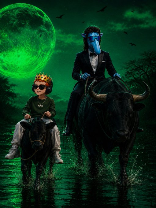A dark, surreal digital artwork featuring a young king wearing a crown and headphones with a 'KING' shirt riding a bull in water, alongside a blue-masked figure in a tuxedo on a larger bull, set against a large green moon and bat-filled sky.