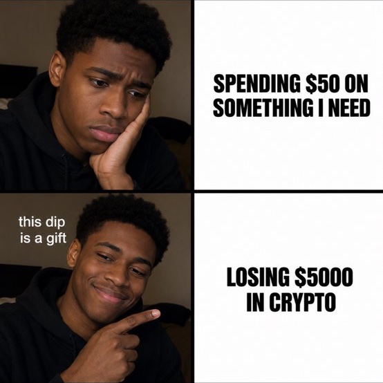 A two-panel meme showing a young man looking sad about 'SPENDING $50 ON SOMETHING I NEED' but smiling and pointing at text reading 'this dip is a gift' for 'LOSING $5000 IN CRYPTO'.