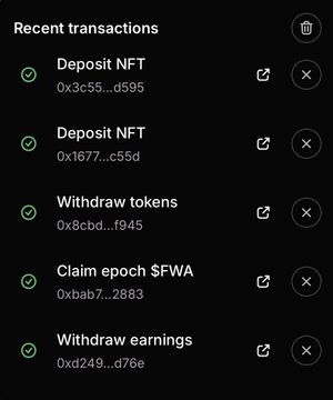Recent transactions list showing successful crypto activities: two 'Deposit NFT' entries, 'Withdraw tokens', 'Claim epoch $FWA', and 'Withdraw earnings' with corresponding transaction hashes.