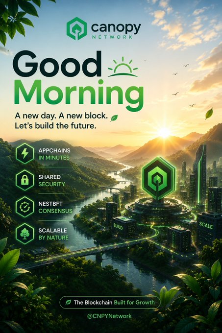 A promotional graphic for 'Canopy Network' features a green futuristic city with the text 'Good Morning. A new day. A new block. Let's build the future.' and highlights features like 'APPCHAINS IN MINUTES' and 'SHARED SECURITY'.