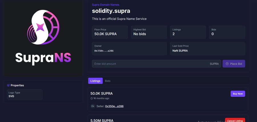 A screenshot of the SupraNS website showing the domain name 'solidity.supra' for sale at a floor price of 50.0K SUPRA.