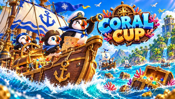 A colorful video game promotional artwork titled 'CORAL CUP' features cartoon penguins dressed as pirates sailing on a wooden ship through tropical ocean waters with treasure chests.