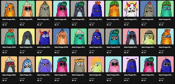 A grid of colorful cartoon penguin NFT avatars with various accessories, each labeled 'Dabo Penguins' with different edition numbers and prices in the 8-30 range.