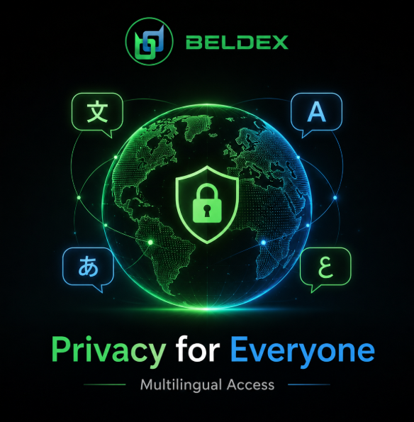 A promotional graphic for 'BELDEX' featuring a glowing green and blue digital globe with a padlock shield icon, multilingual speech bubbles, and the tagline 'Privacy for Everyone - Multilingual Access'.