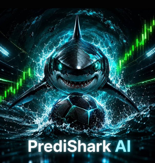 A menacing mechanical shark with glowing blue eyes and sharp teeth emerges from dark waters with a futuristic soccer ball, surrounded by green candlestick charts and stadium lights, with "PrediShark AI" displayed prominently below—visually merging the worlds of AI-powered football prediction and crypto trading referenced in the post about $SHARK.