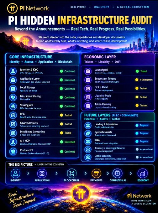 The image is an infographic titled "PI HIDDEN INFRASTRUCTURE AUDIT" that maps out Pi Network's technical ecosystem across three layers—Core Infrastructure (Identity, Application, Blockchain), Economic Layer (Tokens, Liquidity, DeFi), and Future Layers (PIRC/Community)—with components like Identity & KYC, Smart Contracts, Launchpad, DEX/AMM, and Global Liquidity Exchange marked as Confirmed, Testnet, Tested, or Proposal, alongside a "Big Picture" flow from Identity to Economy.

It directly illustrates the post's premise by visually translating the "hidden" audit of Pi Network's code, repos, and docs into a structured roadmap showing what's actually built versus merely proposed.