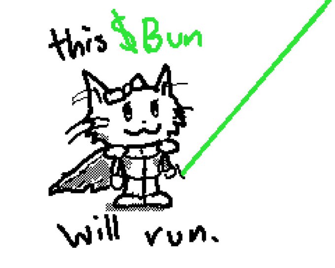 A hand-drawn meme of a small cat character with a bow and cape, with text reading 'this $Bun will run.' featuring a green upward trending line.