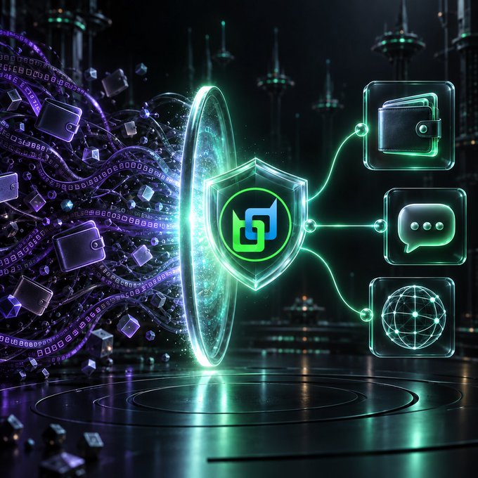 A digital illustration depicts a glowing green shield with a logo protecting a digital wave from various threats, with icons representing a wallet, messaging, and networking on the right side.