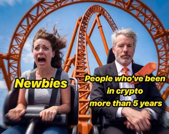 urns of orange and black colors on a roller coaster, with text overlay about Newbies in crypto.