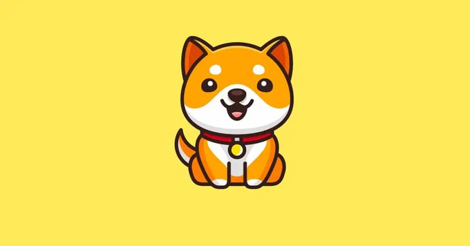 A cartoon illustration of a smiling Shiba Inu dog wearing a red collar with a tag, set against a yellow background.