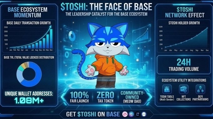An infographic titled '$TOSHI: THE FACE OF BASE' features a blue cat character and displays charts including 'BASE ECOSYSTEM MOMENTUM', 'BASE TVL DISTRIBUTION', and '$TOSHI NETWORK EFFECT' with text like '100% FAIR LAUNCH' and 'ZERO TAX TOKEN'.