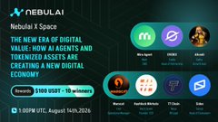 The image is a promotional banner for the "Nebulai X Space" event happening on August 16th, 2026 at 1:00 PM UTC, highlighting the discussion on the next era of digital value, AI agents, tokenized assets, and creating a new digital economy, featuring speakers including Lisa Agent, ROKO, and others.