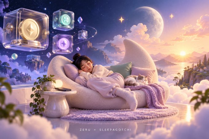 A dreamy digital artwork showing a sleeping girl on a crescent-shaped sofa with a cat, surrounded by floating crystal cubes, planets, and clouds, with text 'ZERU x SLEEPAGOTCHI'.
