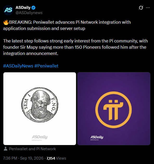A tweet from ASDaily (@ASDailynews) announces 'BREAKING: Peniwallet advances PI Network integration with application submission and server setup,' noting strong interest from the Pi community with over 150 Pioneers following founder Sir Mapy.