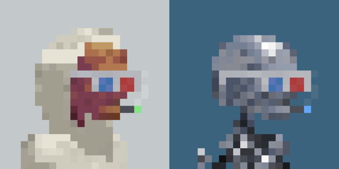 Two pixel-art character heads side by side on gray and blue backgrounds, both wearing 3D glasses with red and blue lenses.