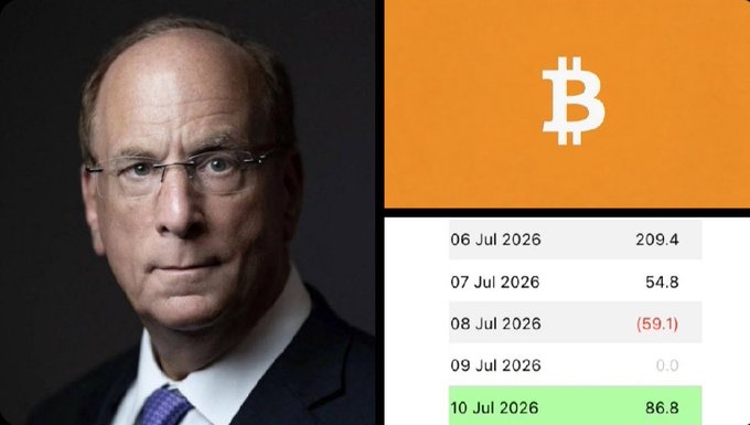 The image shows BlackRock CEO Larry Fink alongside a Bitcoin data table displaying inflows from July 6-10, 2026, with the latest $86.8M entry on July 10 highlighted in green. This visual reinforces the post's message about BlackRock's continued Bitcoin accumulation, with the highlighted green row corresponding to the $86.8M purchase mentioned in the caption.