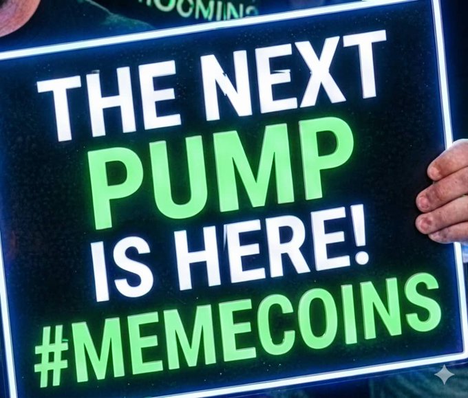 A glowing sign with text reading 'THE NEXT PUMP IS HERE! #MEMECOINS' held by a person.