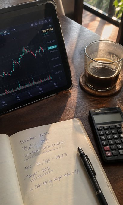 A wooden desk setup with a tablet displaying a BTC/USD chart, a glass of coffee, a Casio calculator, a black pen, and an open notebook with handwritten Vietnamese calculations including 'Doanh thu: 420tr', 'Chi phí: 85tr', 'Lợi nhuận: 85tr (≈29%)', 'ROI: 35/120 = 29,2%', and 'Target: 30%'.