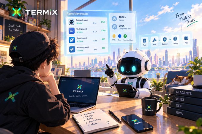 A young man and a friendly white robot (a "Termix" AI agent) sit at a desk with a laptop, planning out a development roadmap that includes "Research," "Code," "Marketing," and "More." Hovering above them is an "Agent Marketplace" listing services from "Research Agent" ($120), "Coding Agent" ($100), "Design Agent" ($80), and "Marketing Agent" ($60), backed by stats of "400K+ Agents" and "300K+ Completed Tasks," along with "Web3, Bid, Escrow, Deliver, Pay" flow icons and "AI AGENTS / WEB3 / DEFI / RWA" books.

The image perfectly illustrates the post's idea that AI is moving past just chatting and waiting for prompts; instead, these "Termix" agents are actively operating like employees, ready to autonomously take on paid tasks—from research to coding to marketing—and complete them in a structured "Task to Trust" economy.