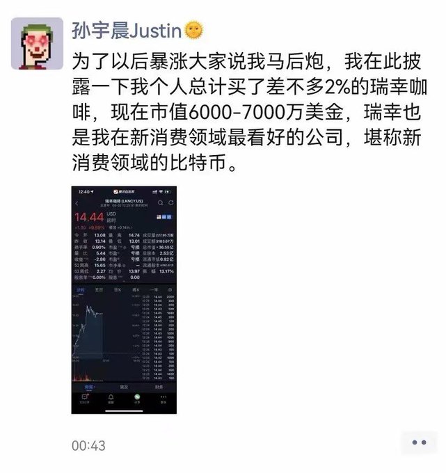 Justin Sun (@justinsuntron) posted a screenshot of the Luckin Coffee (LKNCY.US) stock chart priced at $14.44, revealing he personally holds about 2% of the company (valued at $60-70 million USD), calling Luckin "the Bitcoin of the new consumer sector."