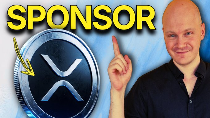 A bald man points upward next to a large XRP coin graphic with the word "SPONSOR" in bold yellow text above it, likely a sponsored video thumbnail about the XRP Ledger.