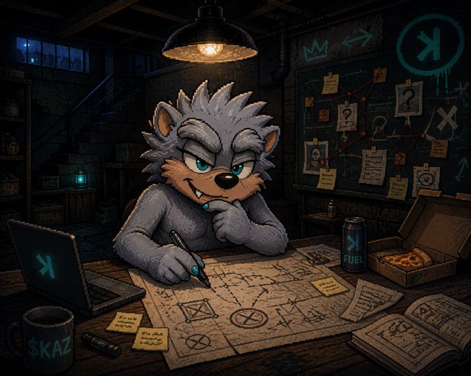 A grey cartoon wolf character with sharp blue eyes draws on a map in a dimly lit room, with a laptop showing the $KAZ logo, a coffee mug labeled $KAZ, a 'FUEL' energy drink, and a wall covered in photos and notes.