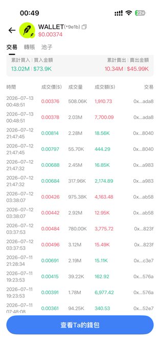 This image shows a transaction history for a wallet labeled "WALLET(*9e1b)" with a current value of $0.00374. The transactions are listed with dates, prices, volumes, and amounts, reflecting both buying and selling activities.