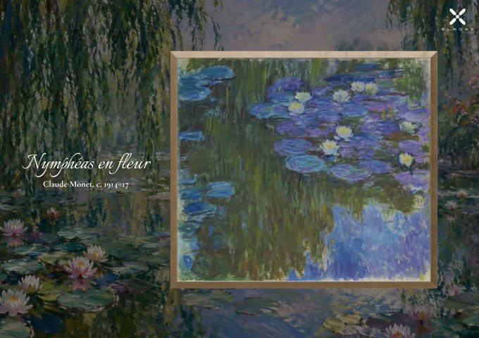 A framed print of Claude Monet's painting 'Nymphéas en fleur' (1914-17) displayed against a background featuring the full painting.